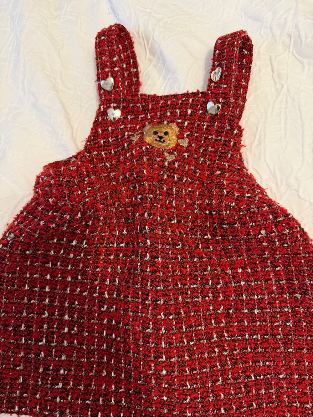 GUESS Baby Girl Red Tweed Teddy Bear Pinafore Dress